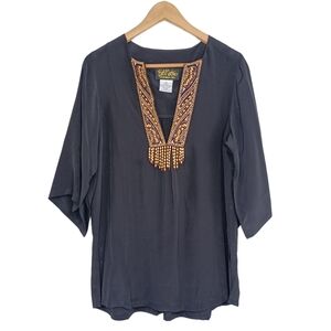 Bob Mackie 100% Silk Wooden Beaded Embellished Neck Aztec Boho XS Blouse